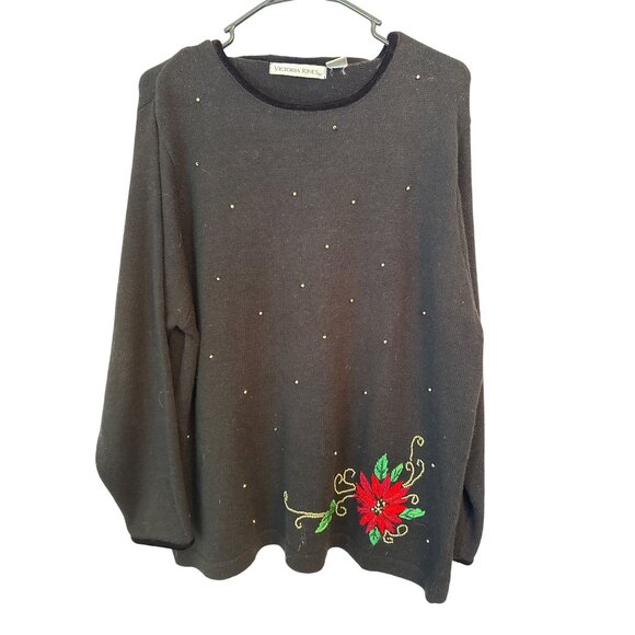 Victoria Jones Black Christmas Sweater Scarf Set XL Poinsettia Embroidery - Picture 5 of 7